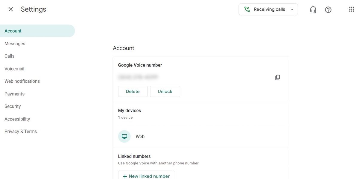 The main settings page for a Google Voice account.