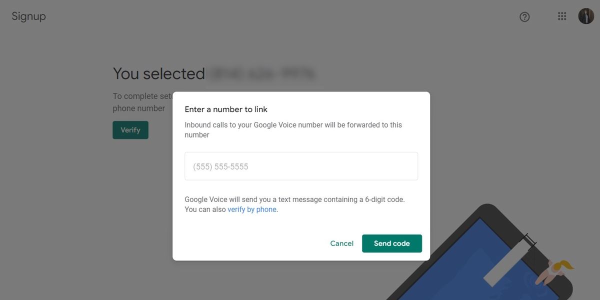 A form used by Google Voice to send out a verification code to a pre-existing phone number.
