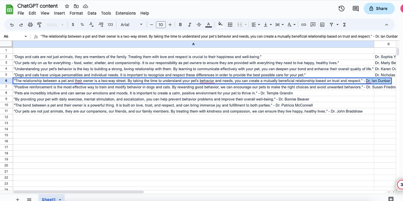 Google Sheets with quotes in one column and credits in another.