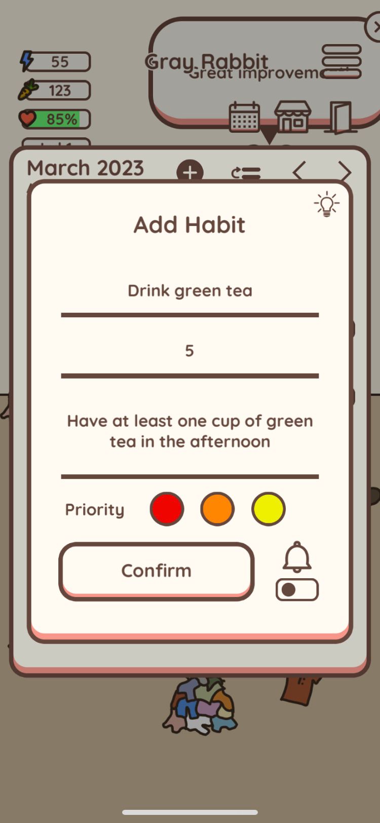 Écran d'ajout d'habitudes de l'application Habit Rabbit