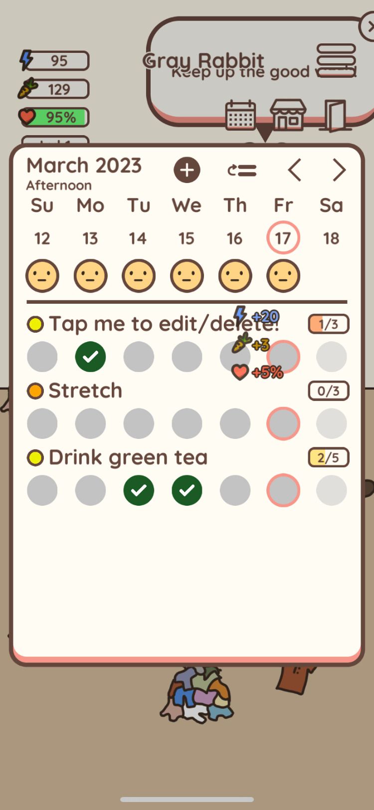 Écran d'habitudes de l'application Habit Rabbit