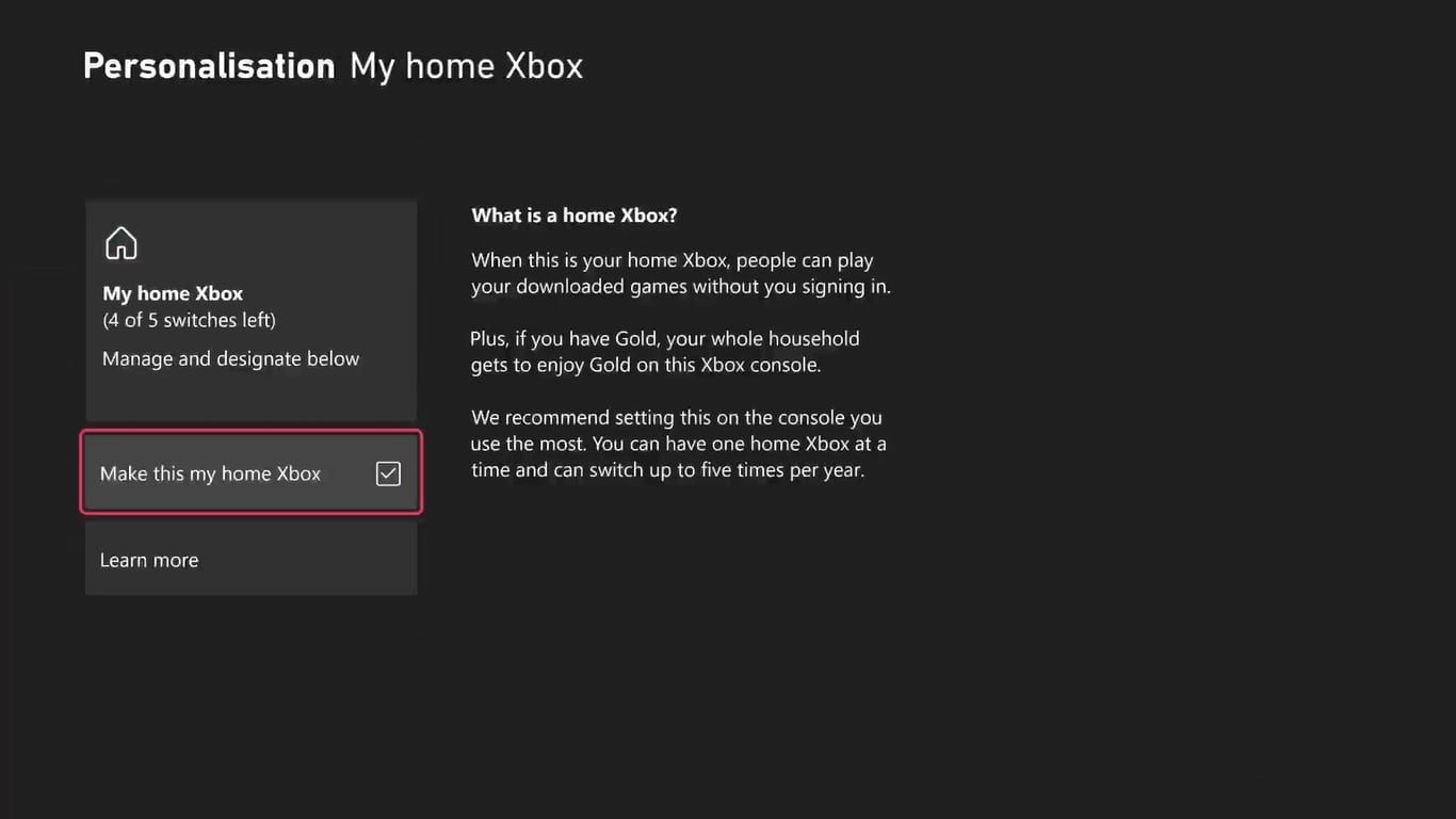 A screenshot of the My Home Xbox settings available on an Xbox Series X with Make This My Home Xbox highlighted 
