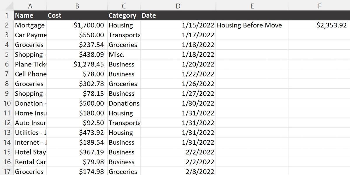 A set of yearly expenses for a household with a total calculated before a cutoff date.