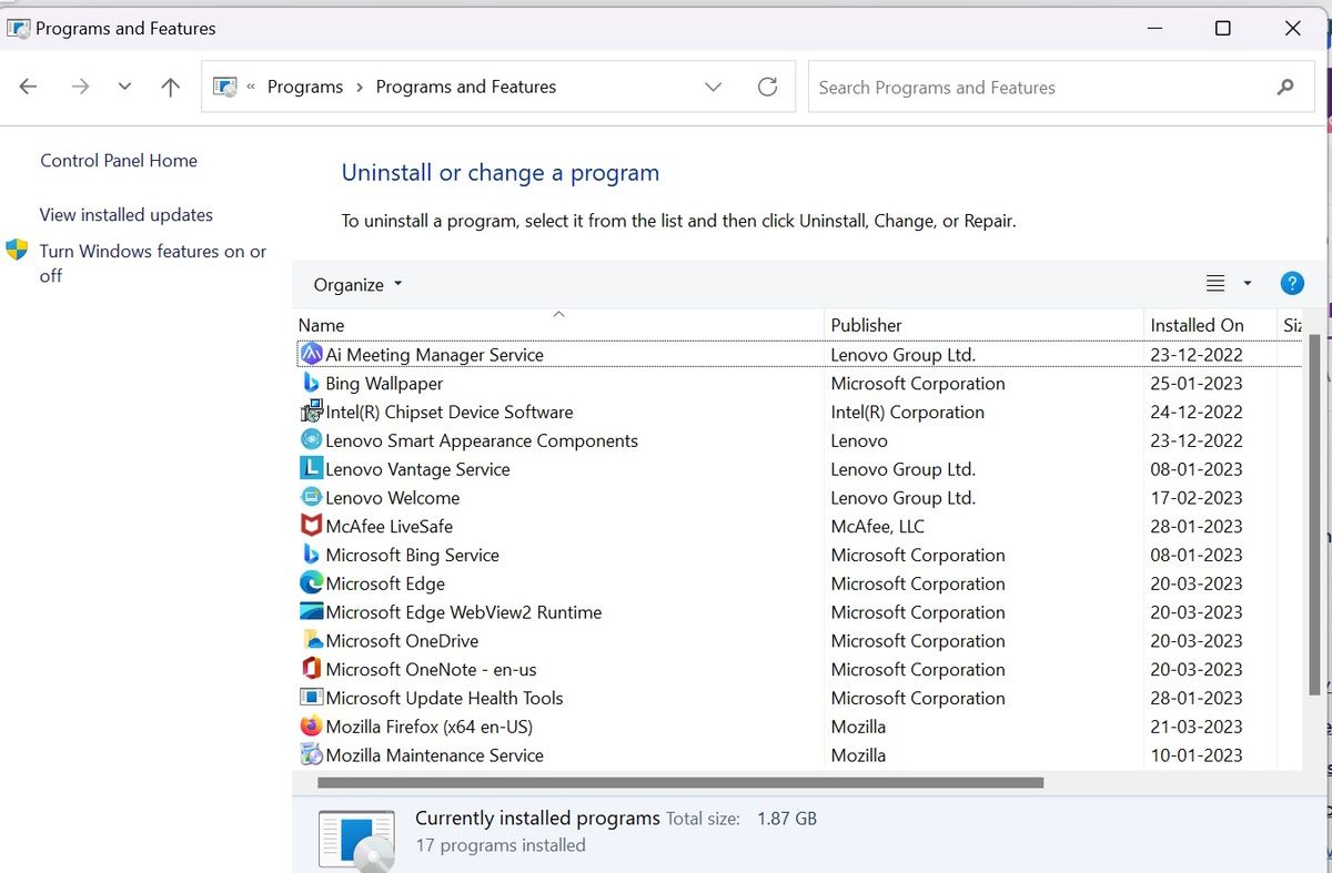Screenshot of Contol Panel Showing Programs and Features