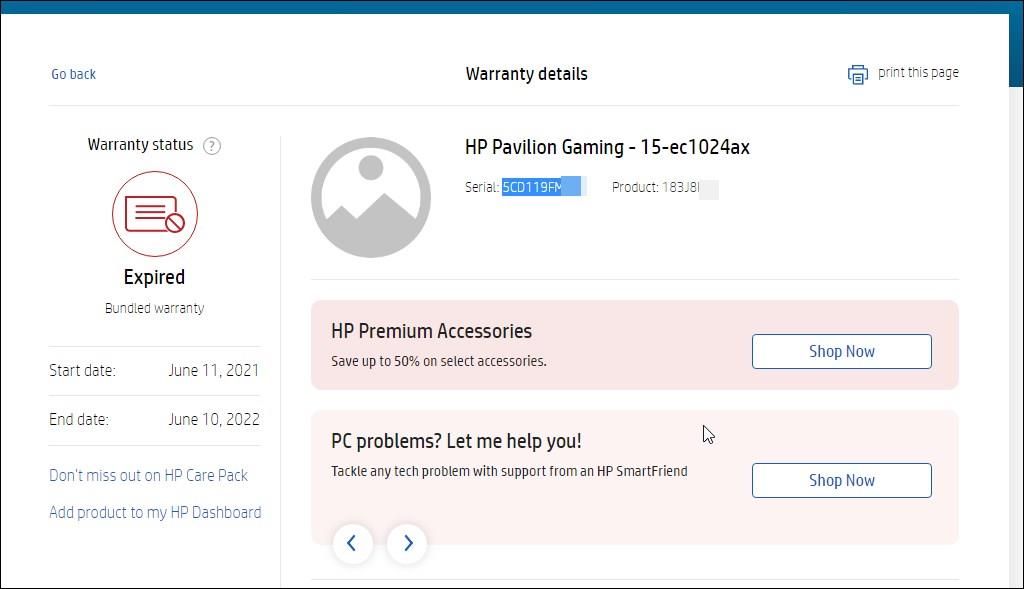 HP warranty status details