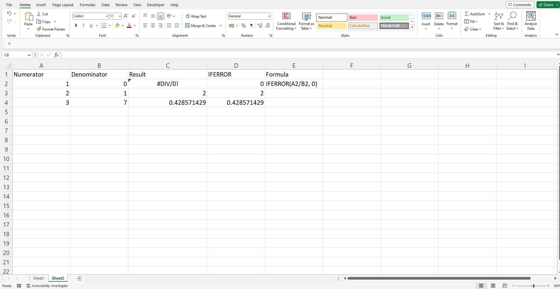 Sample data and IFERROR function formula in an Excel spreadsheet