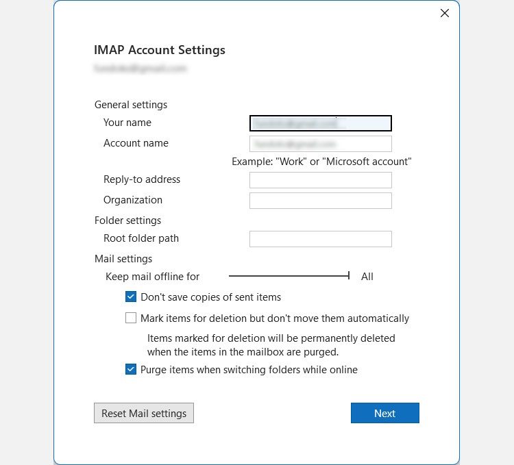 pengaturan akun IMAP di Outlook di Windows