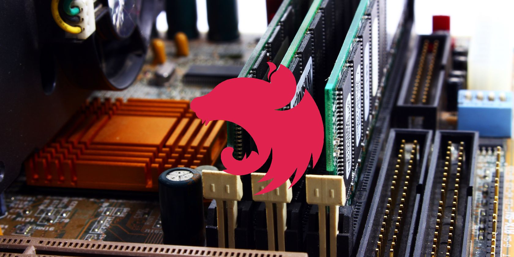 The Nest.js logo, a red silhouette of a cat's head, superimposed on a PC motherboard