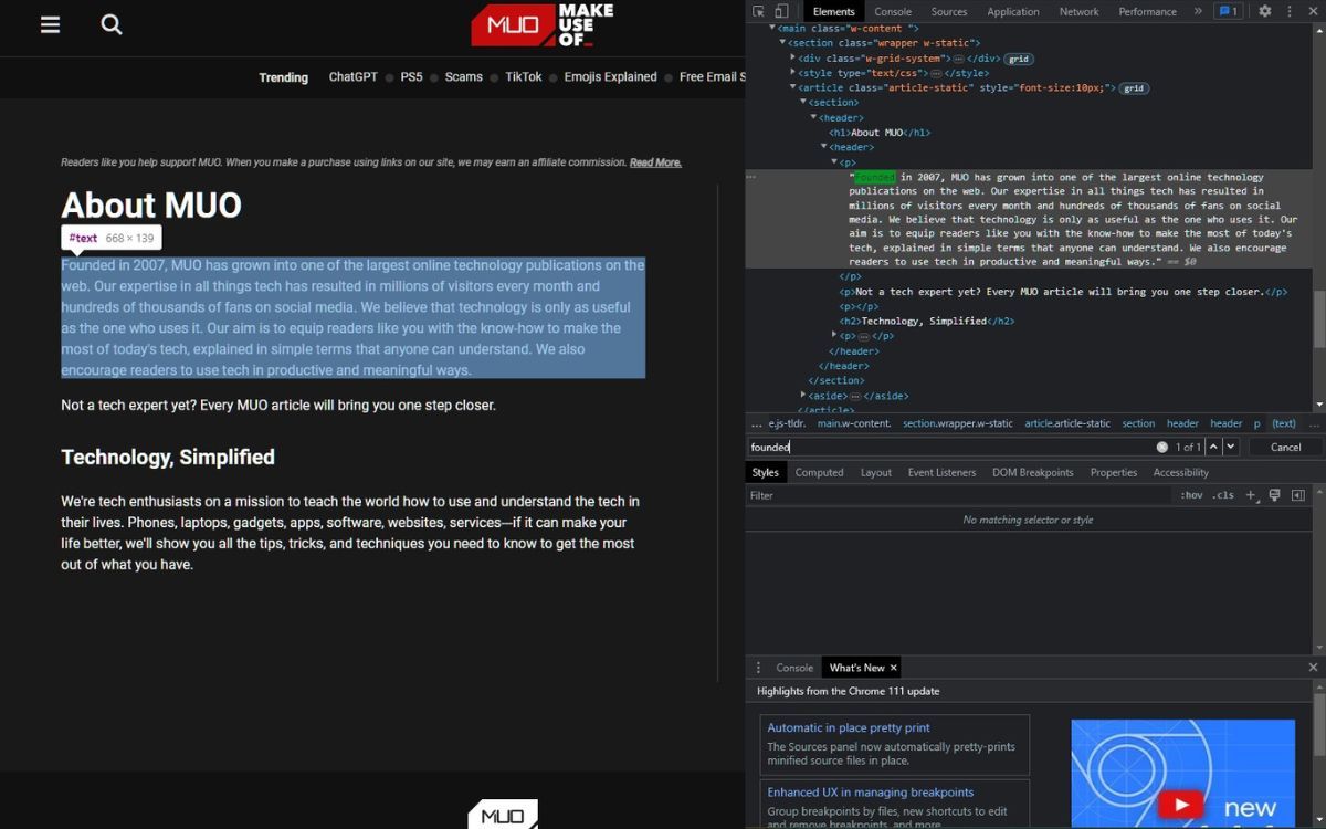Uma captura de tela do texto sendo pesquisado em Elements nas Ferramentas do desenvolvedor
