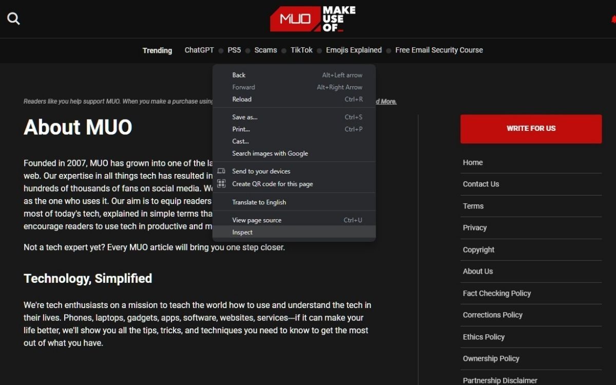 Uma captura de tela do menu do botão direito com o cursor sobre Inspecionar
