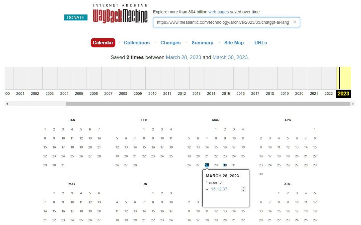 Una captura de pantalla del calendario de Internet Archive con el cursor colocado sobre la fecha 28 de marzo de 2023.