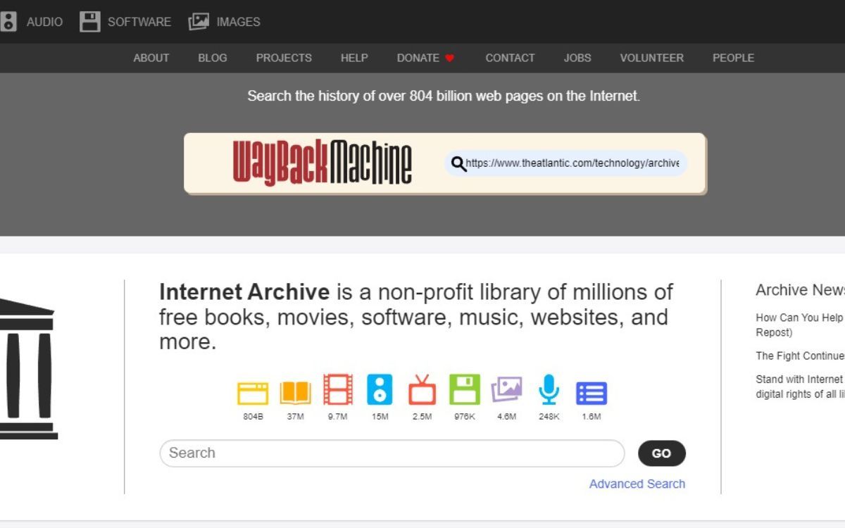 Una captura de pantalla de la página de inicio de Internet Archive