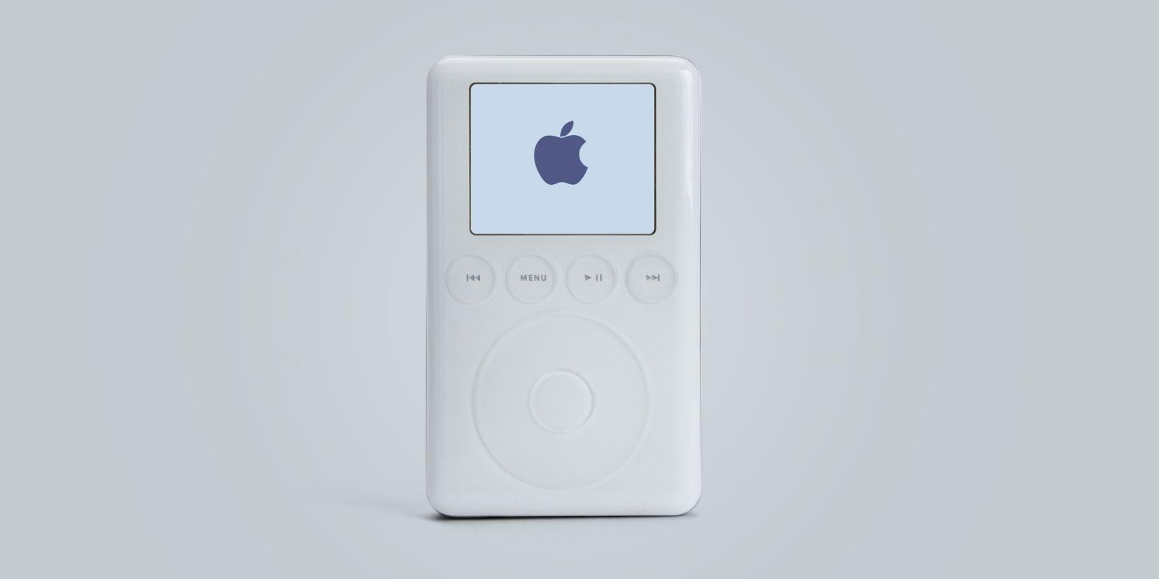 A third-generation iPod starting up, displaying the Apple logo