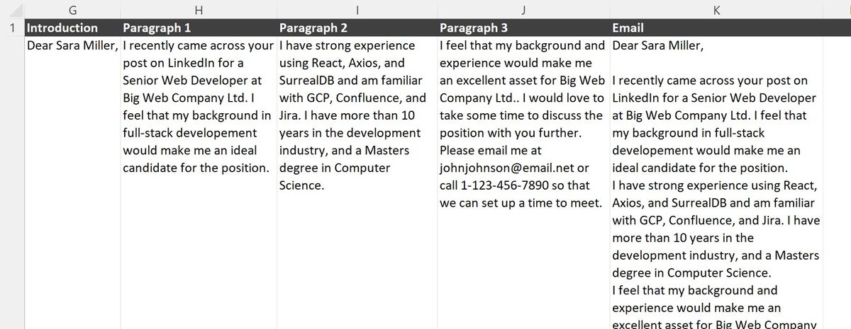 A set of paragraphs made out of data in Excel that are combined together into a standard cover letter.