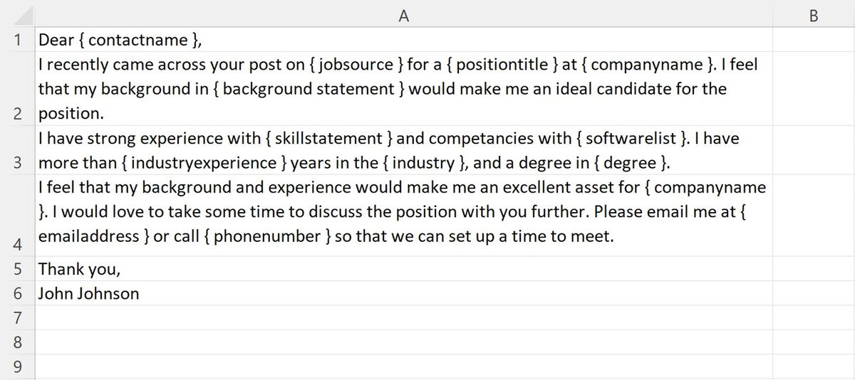 A set of templates for different pieces of a basic cover letter arranged in Excel.