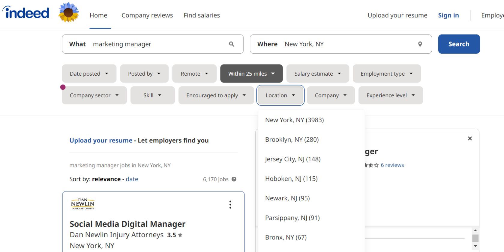 using job search filters on Indeed platform