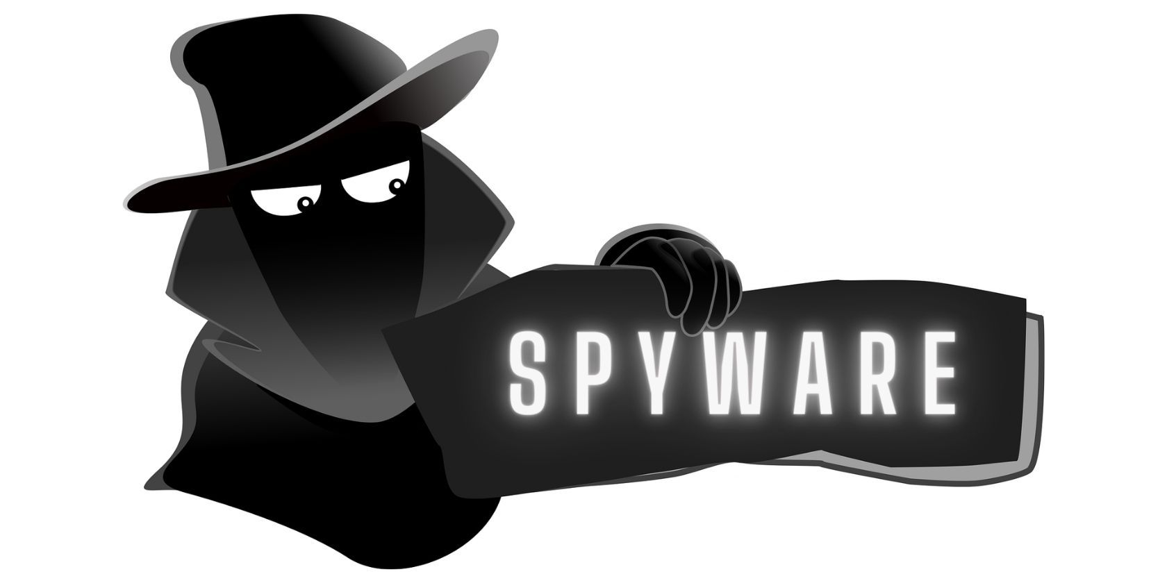 Graphic illustration of a spy figure with the word spyware 