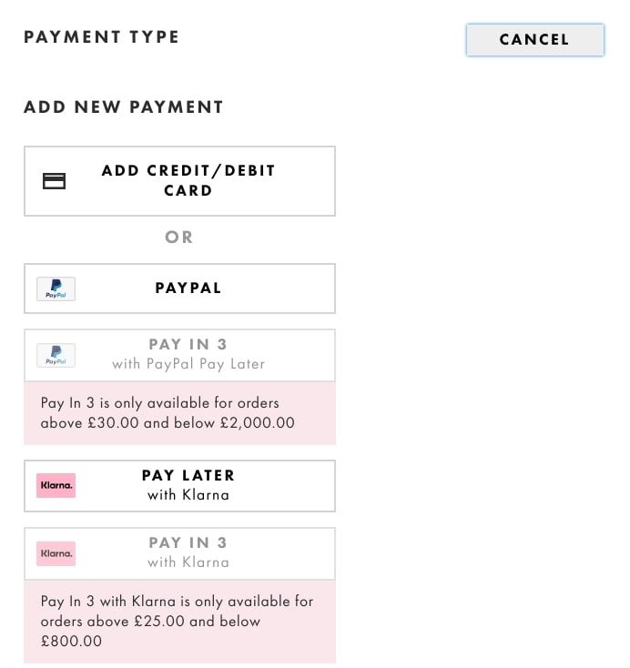 screenshot of asos website payment options