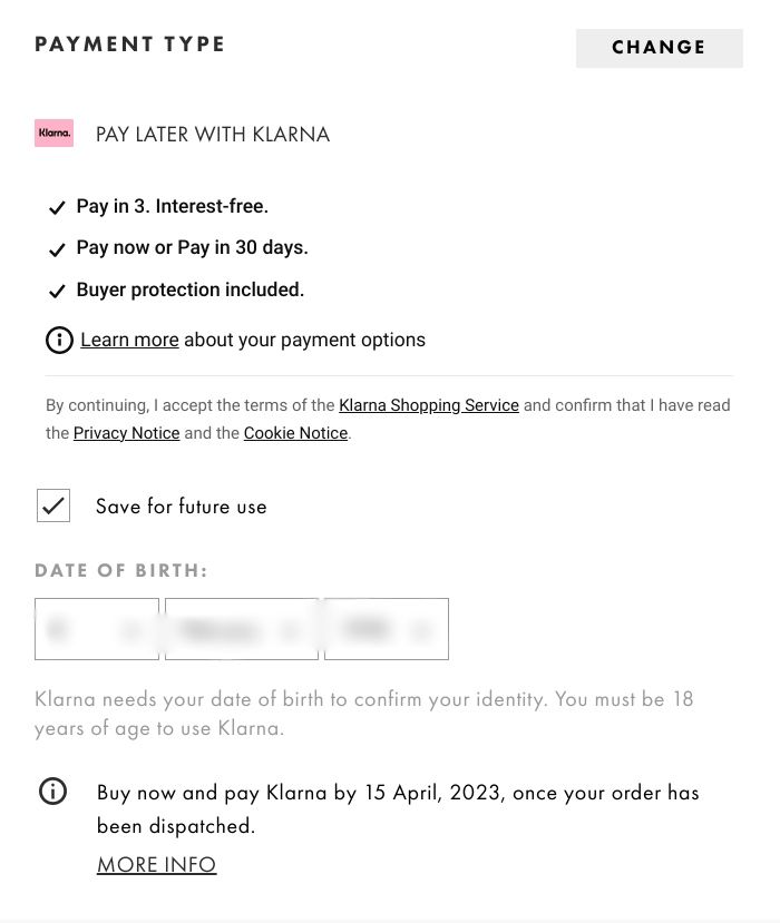 screenshot of asos website klarna payment window