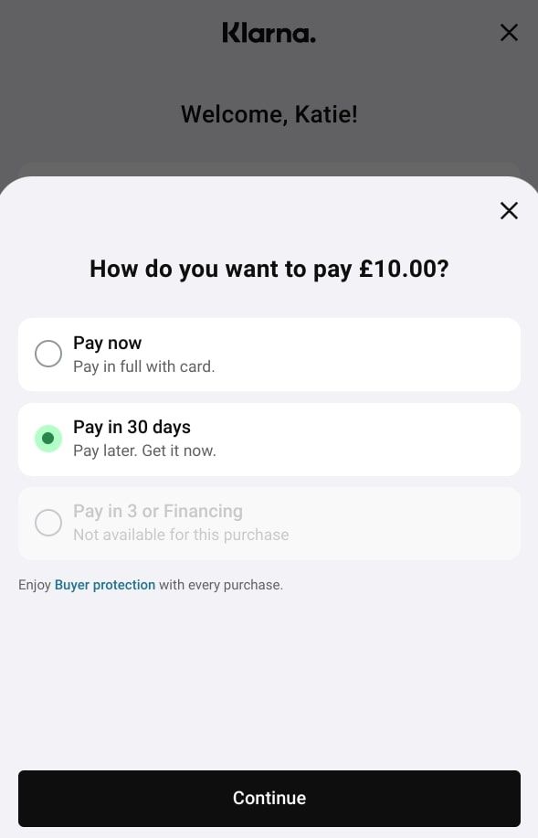 screenshot of klarna payment plan confirmation window