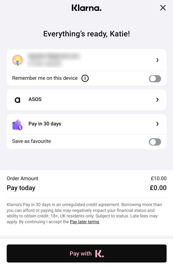 klarna payment confirmation window screenshot