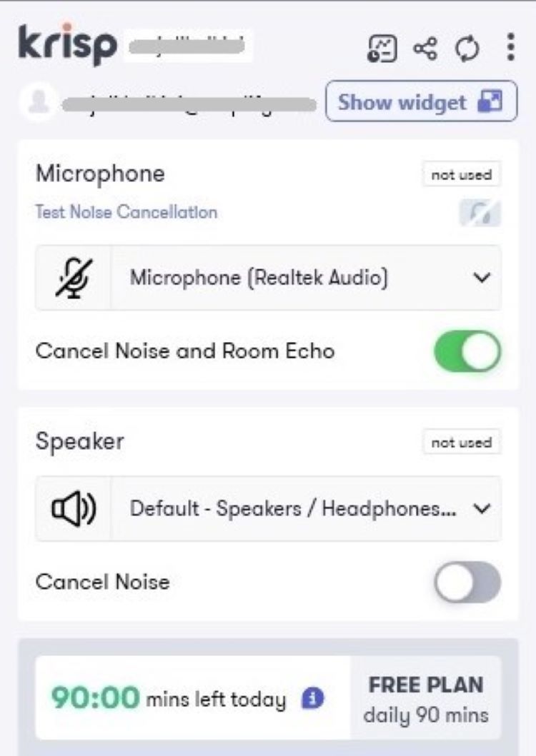 Screenshot of Krisp app showing audio settings, time left for the day, on/off toggles for microphone and speaker