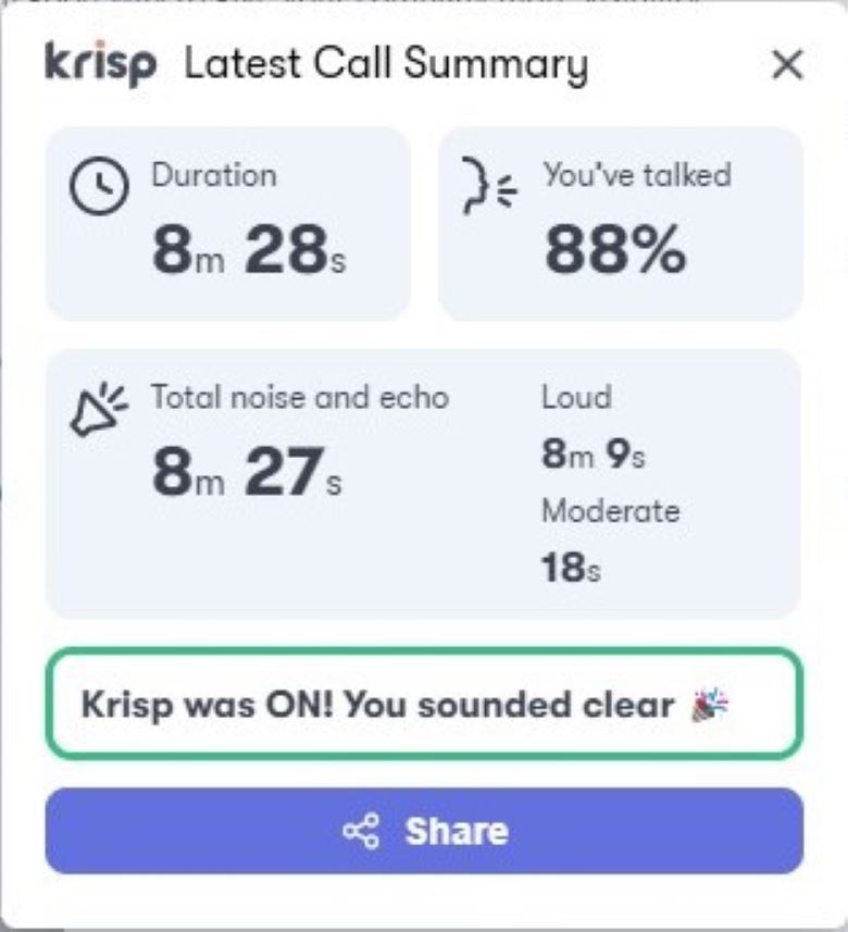 Krisp summary page showing noise cancellation statistics of the latest call