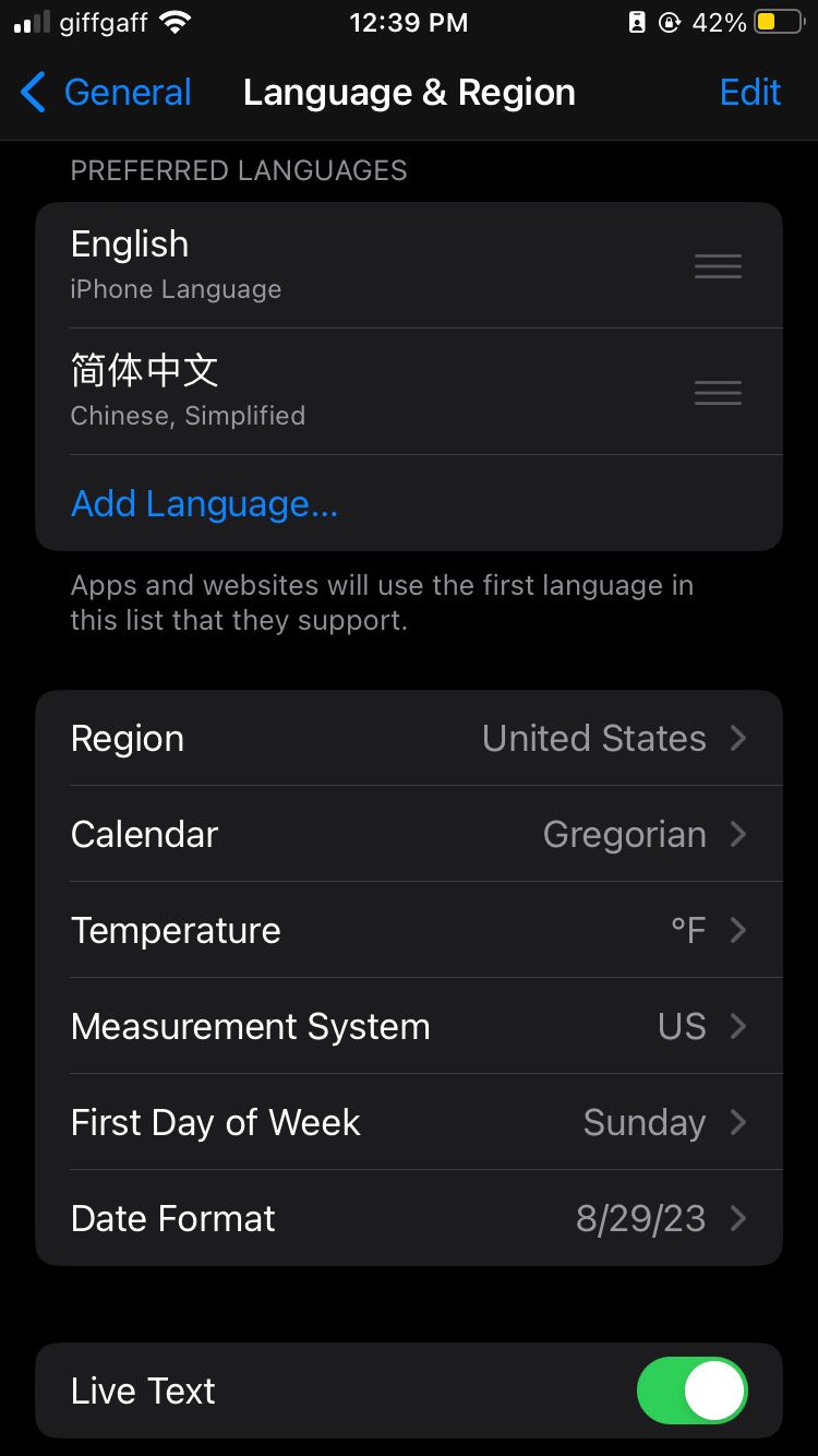 Language & Region Settings on an iPhone