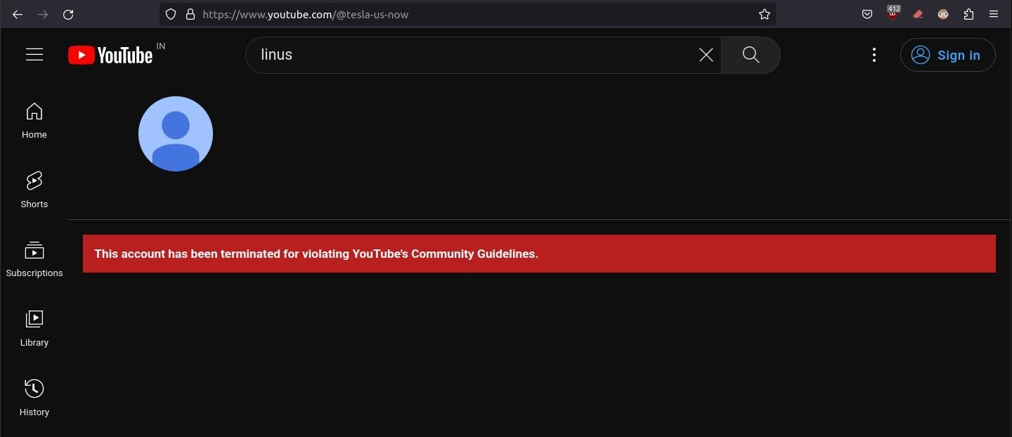 screenshot of linus tech tips youtube suspension message 