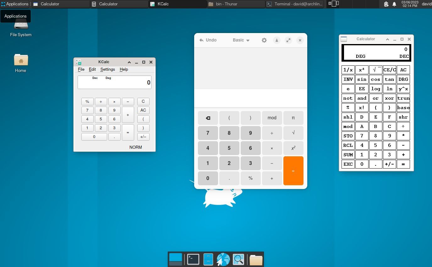 xcalc, kcalc, and GNOME calculators on an XFCE desktop