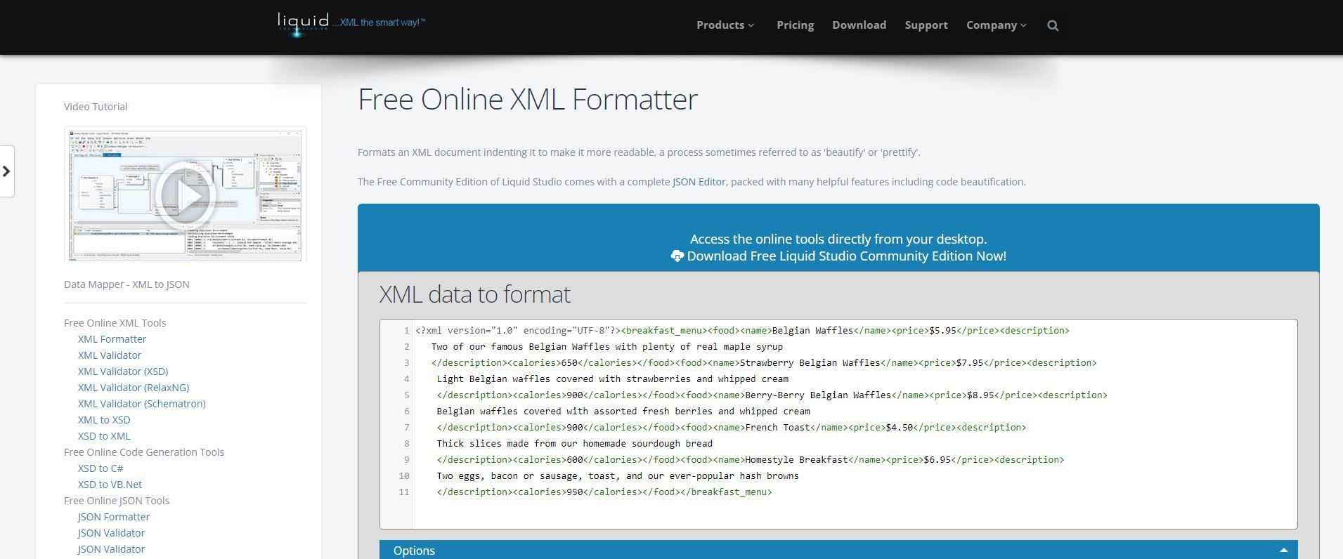 A Screenshot of the Liquid Free Online XML Editor in Use