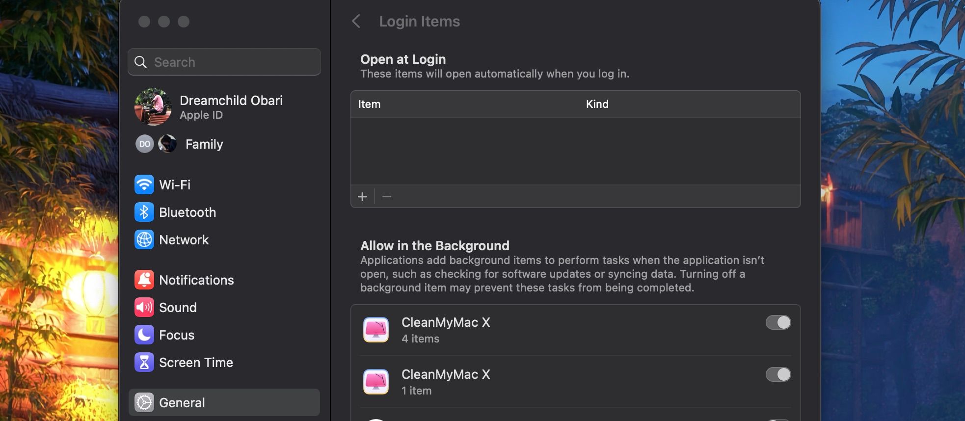Login Items menu in System Settings