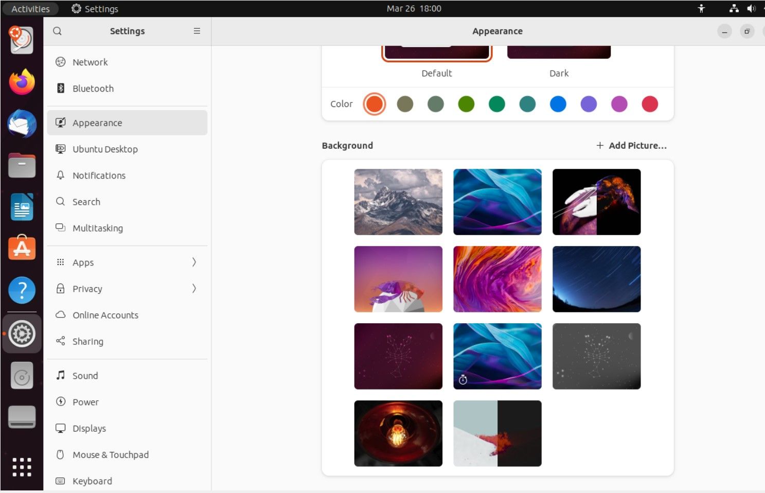 Ubuntu settings page with different wallpaper listings