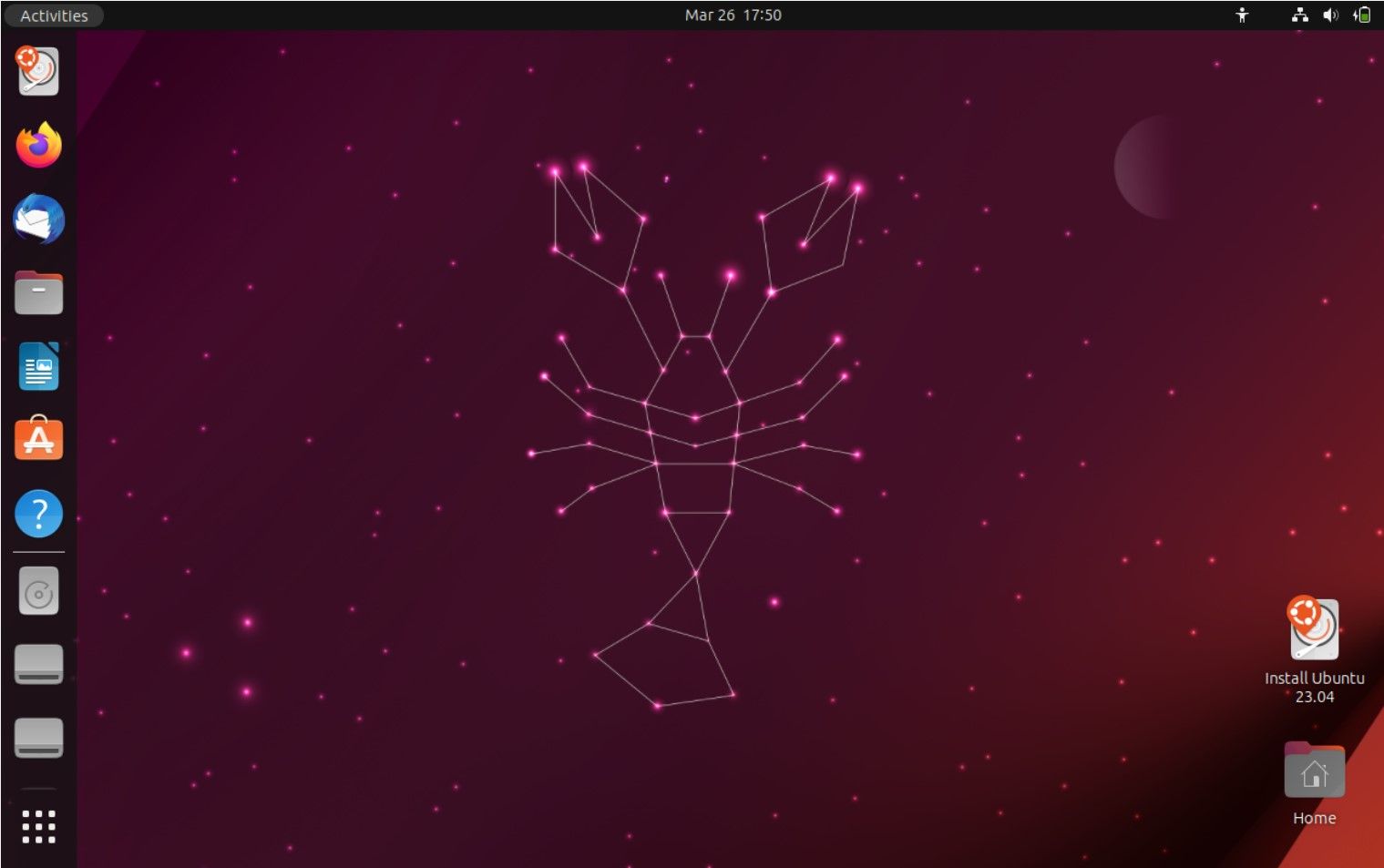 Lobster constellation wallpaper with icons on a Linux screen