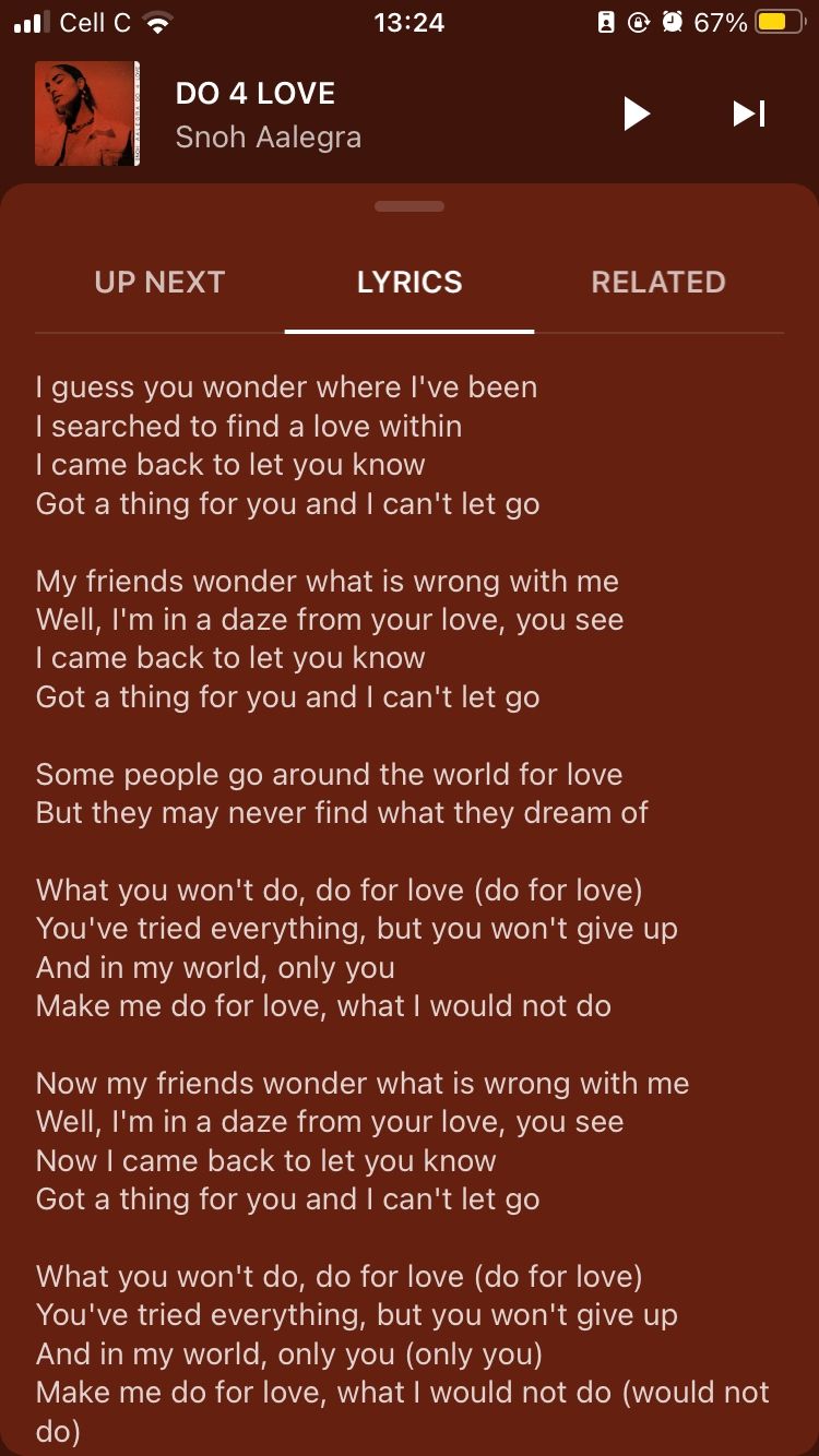 Lyrics to Snoh Aalegra's Do 4 Love song on YouTube Music mobile app