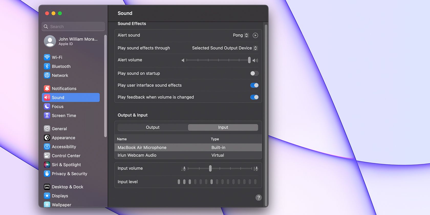 macOS sound input settings
