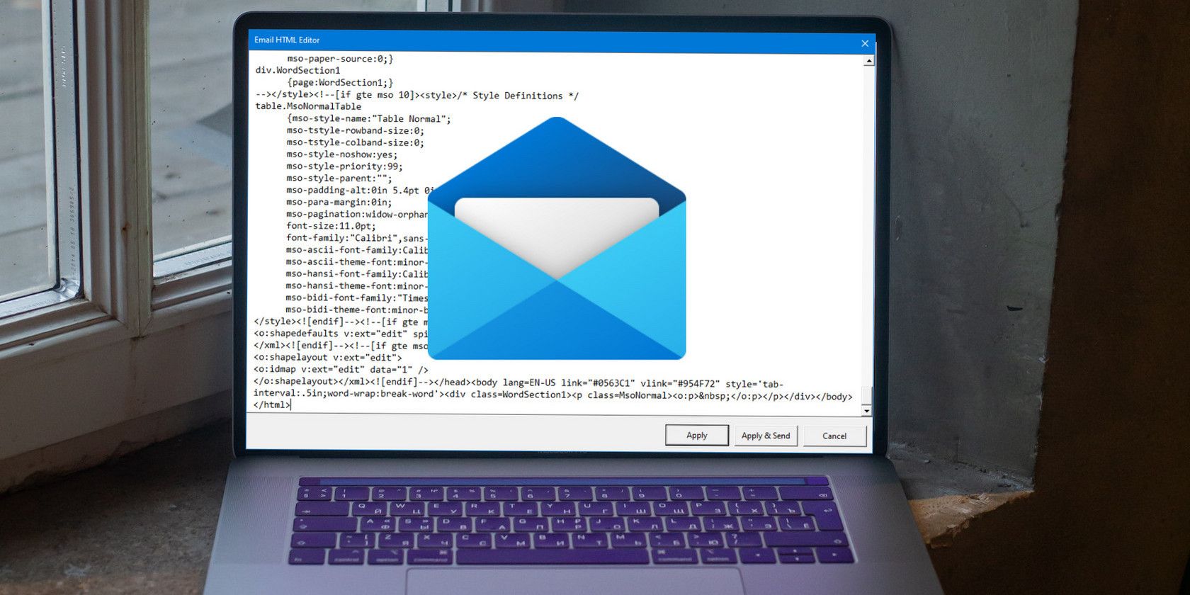 Windows Mail app displaying email in HTML format on a laptop