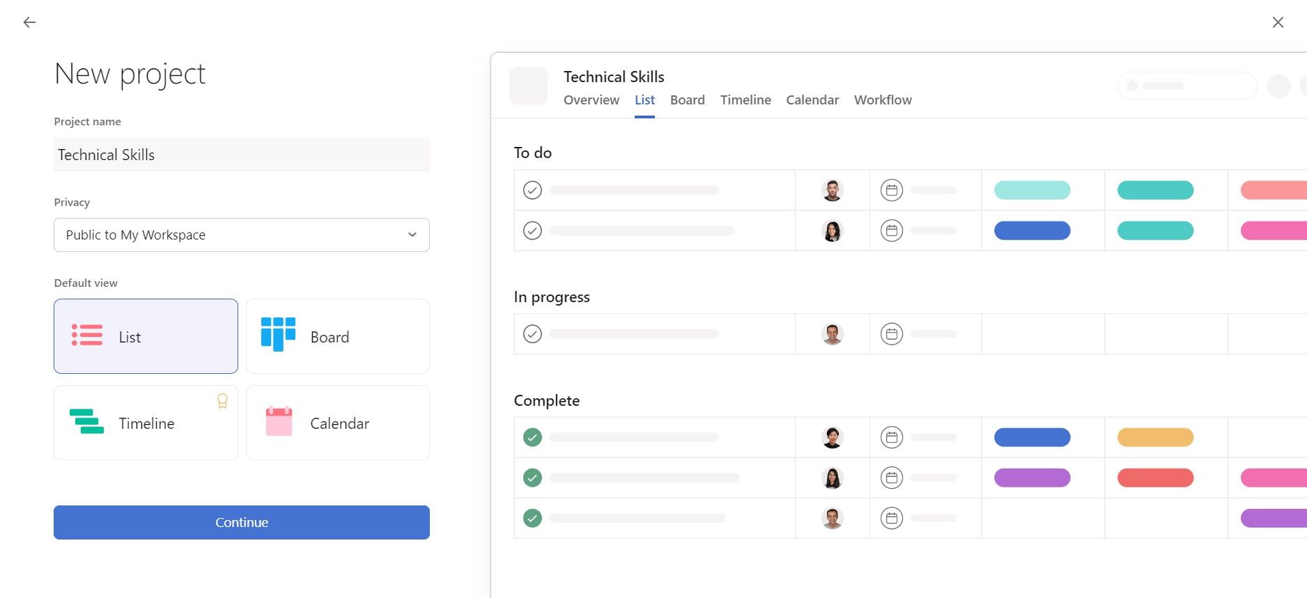 criando um novo projeto na Asana