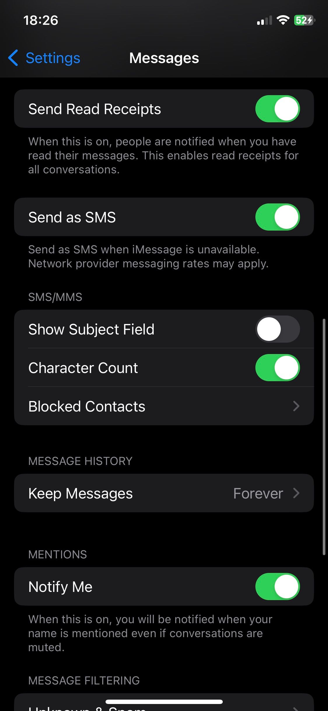 Messages menu in iOS Settings