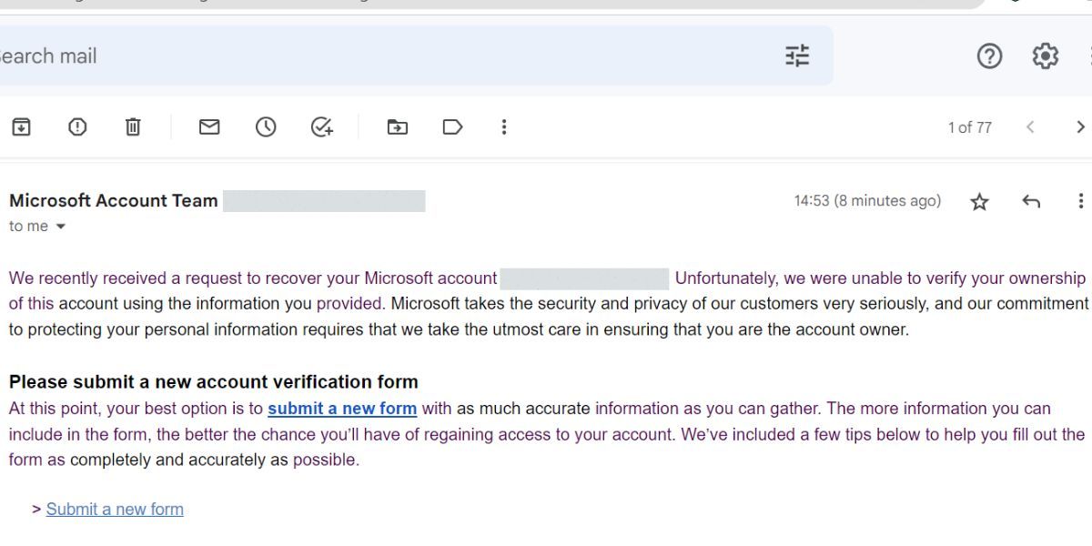Microsoft Account Recovery Form Reply