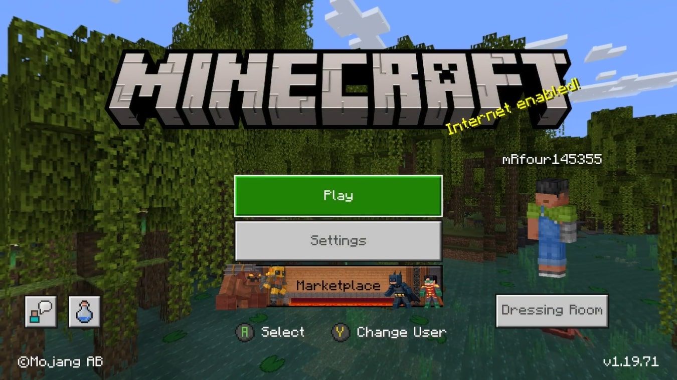 A screenshot taken from an Xbox Series X showcasing the title screen for Minecraft