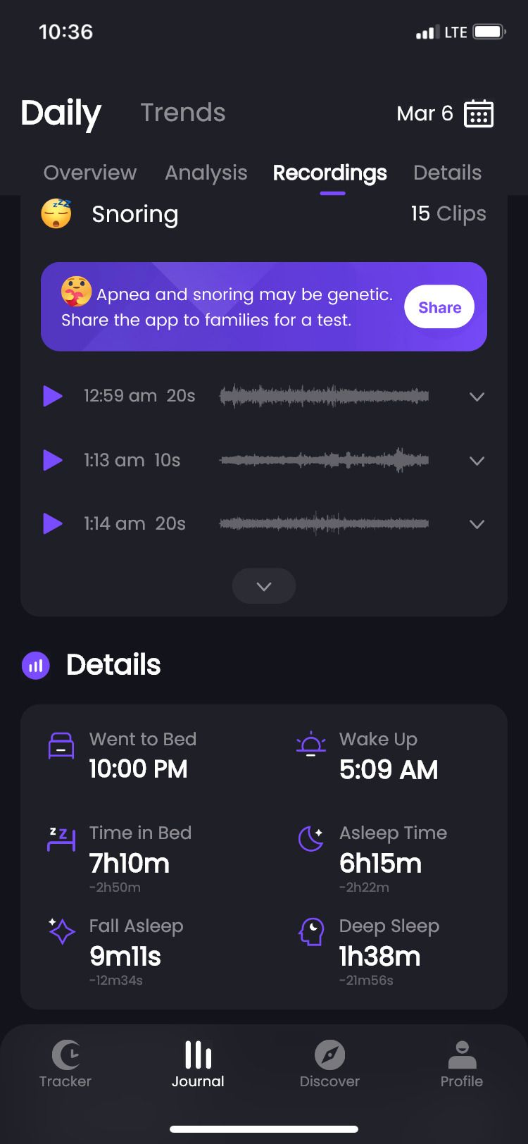 Mintal Tracker app sleep recordings