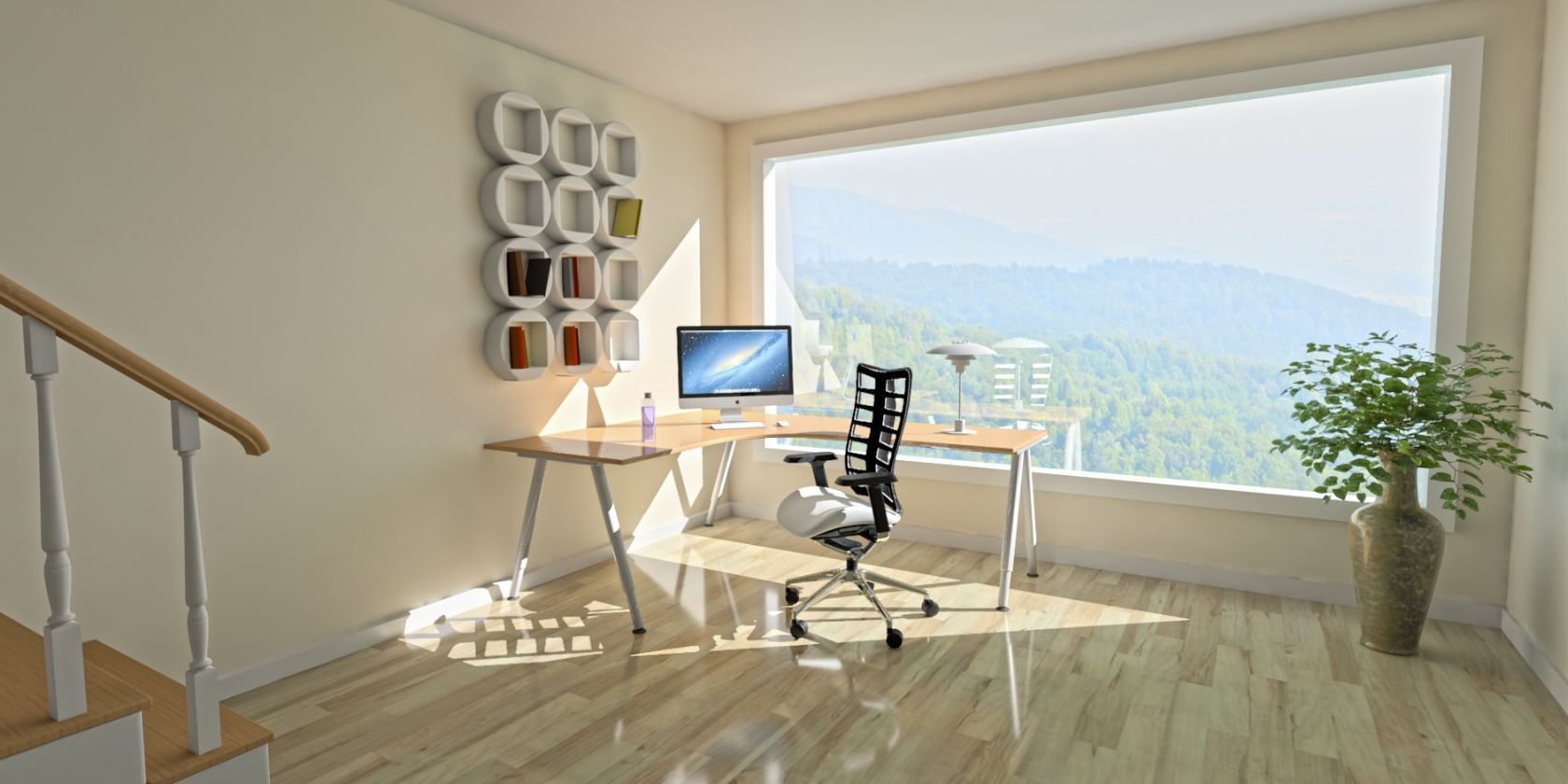 Well-lit home office with L-shaped table, laptop, wooden floors, and ergonomic chair