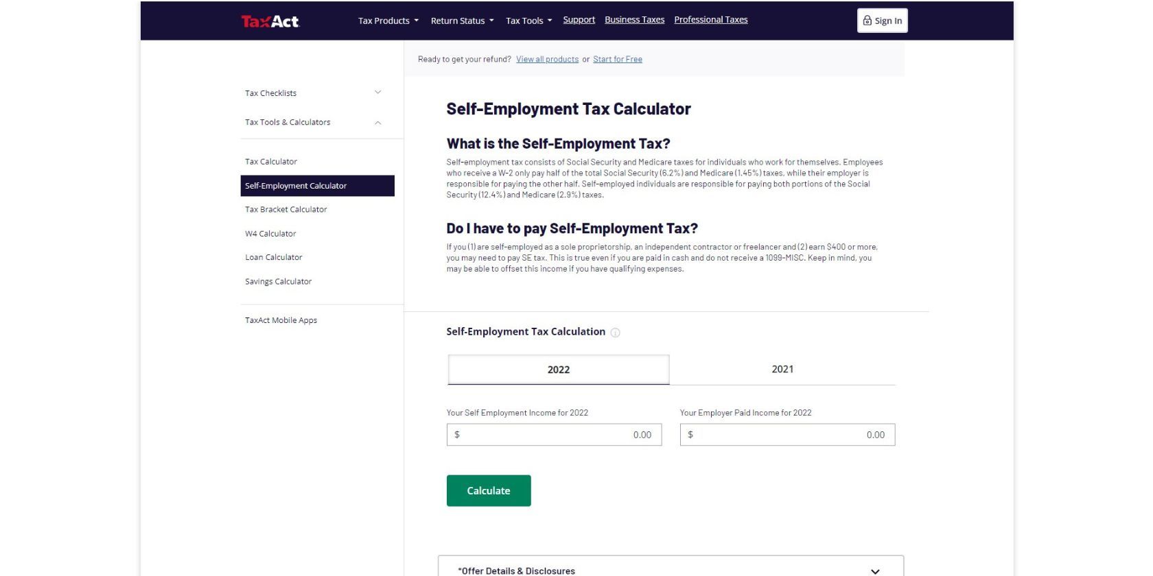 TaxAct Self-Employment Tax Calculator website