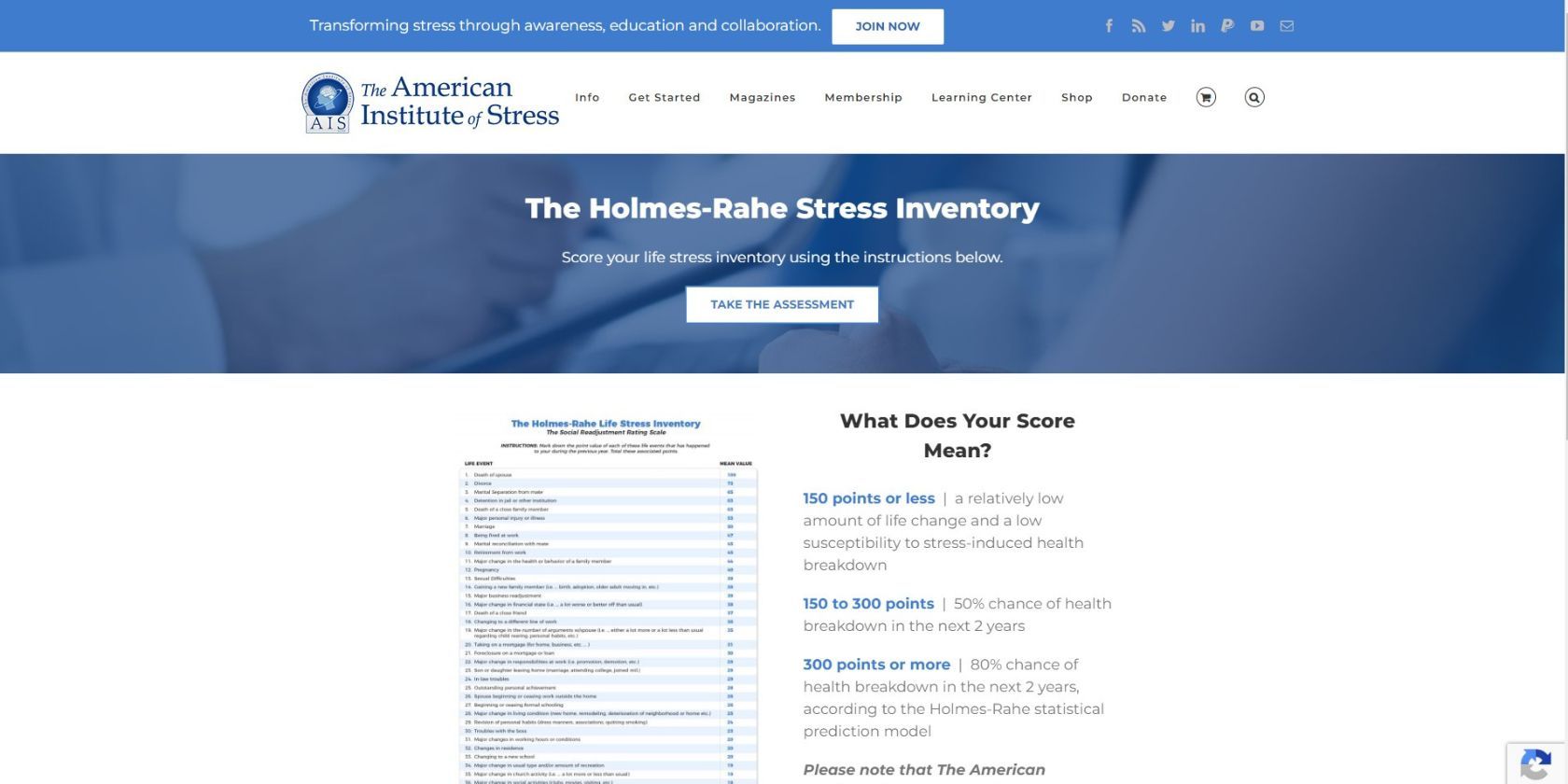The Holmes-Rahe Life Stress Inventory or Social Readjustment Rating Scale (SRRS) on the American Institute of Stress