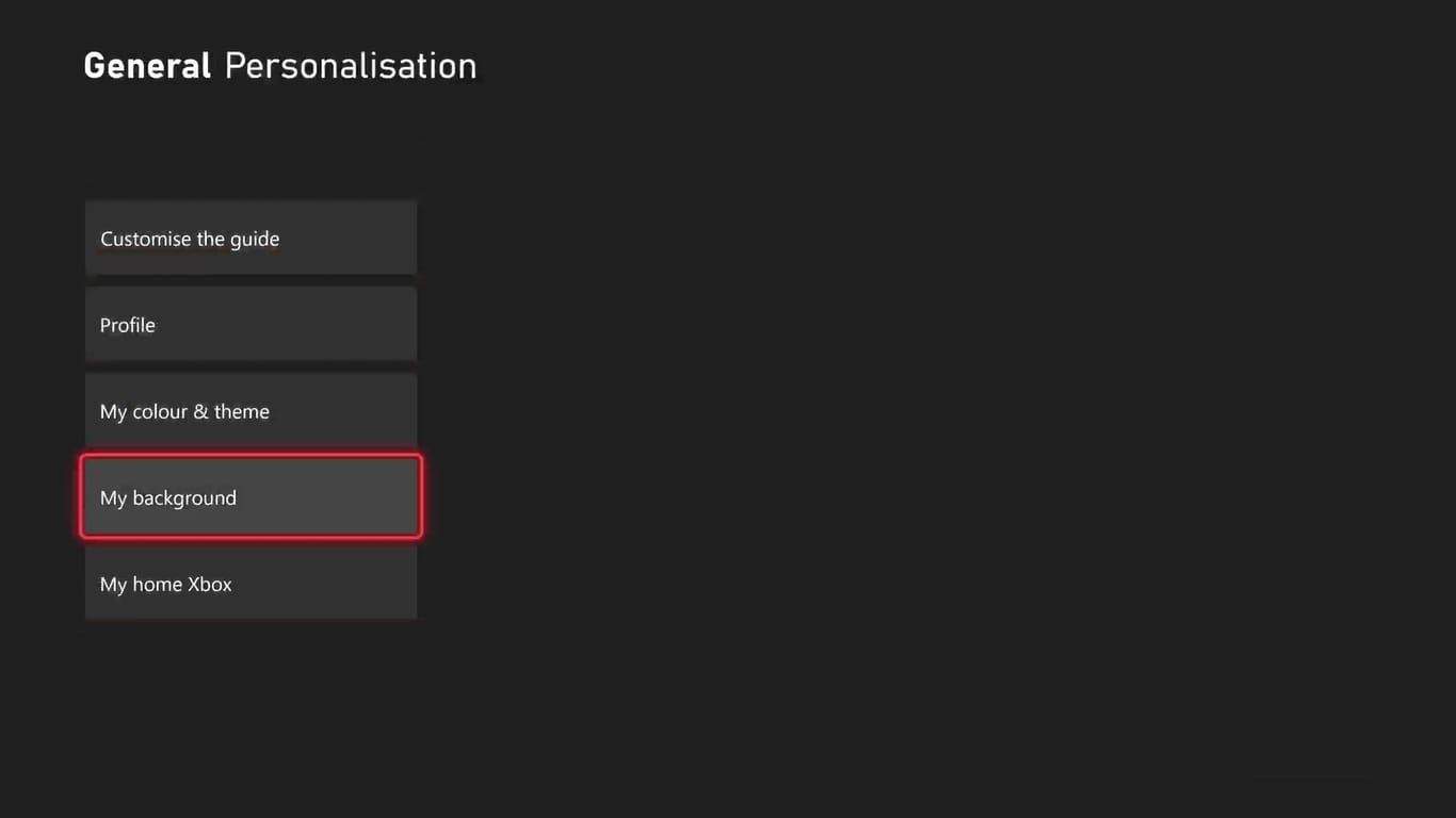A screenshot of the Xbox Series X Personalization settings with My Background highlighted 