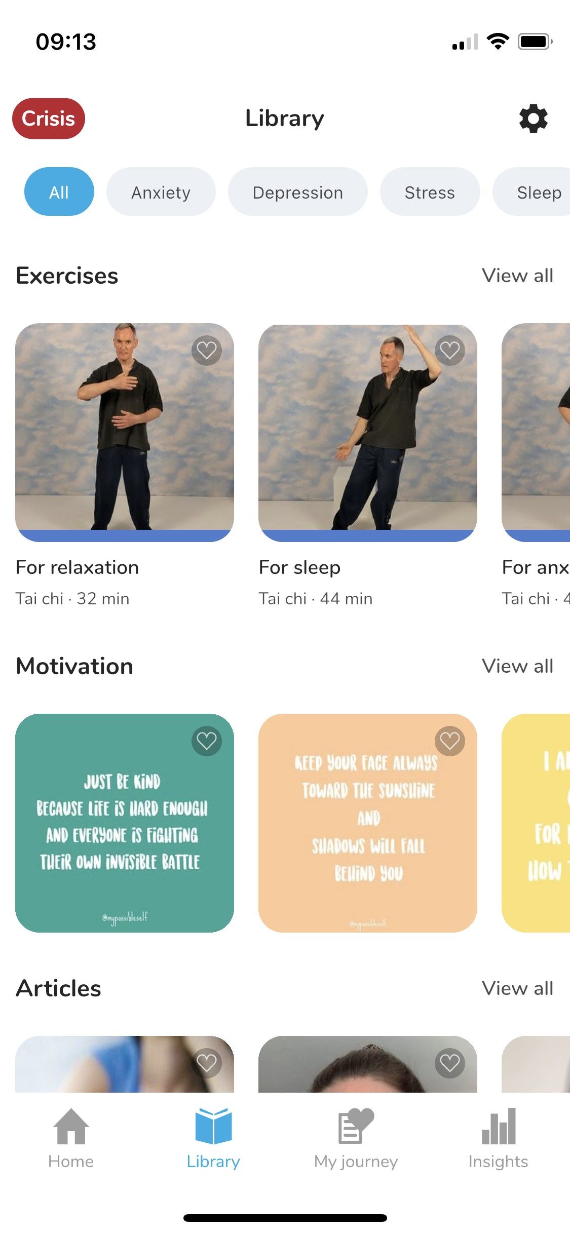 My Possible Self app - Library tab showing exercises