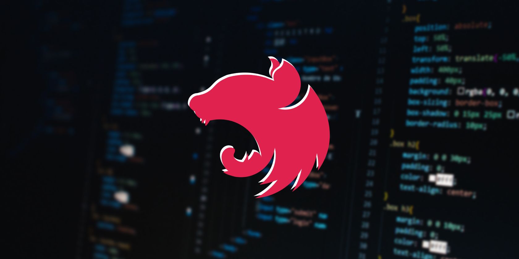 The Nest.js logo, a red silhouette of a cat's head, superimposed on code in an editor