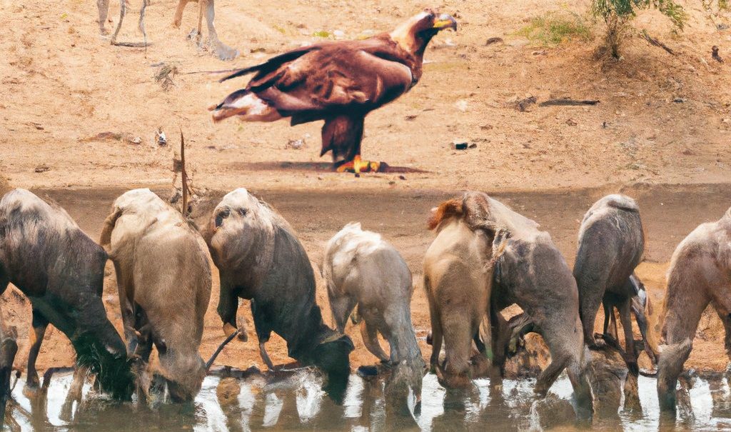Les animaux boivent l'eau d'une rivière avec un aigle au bord de la rivière