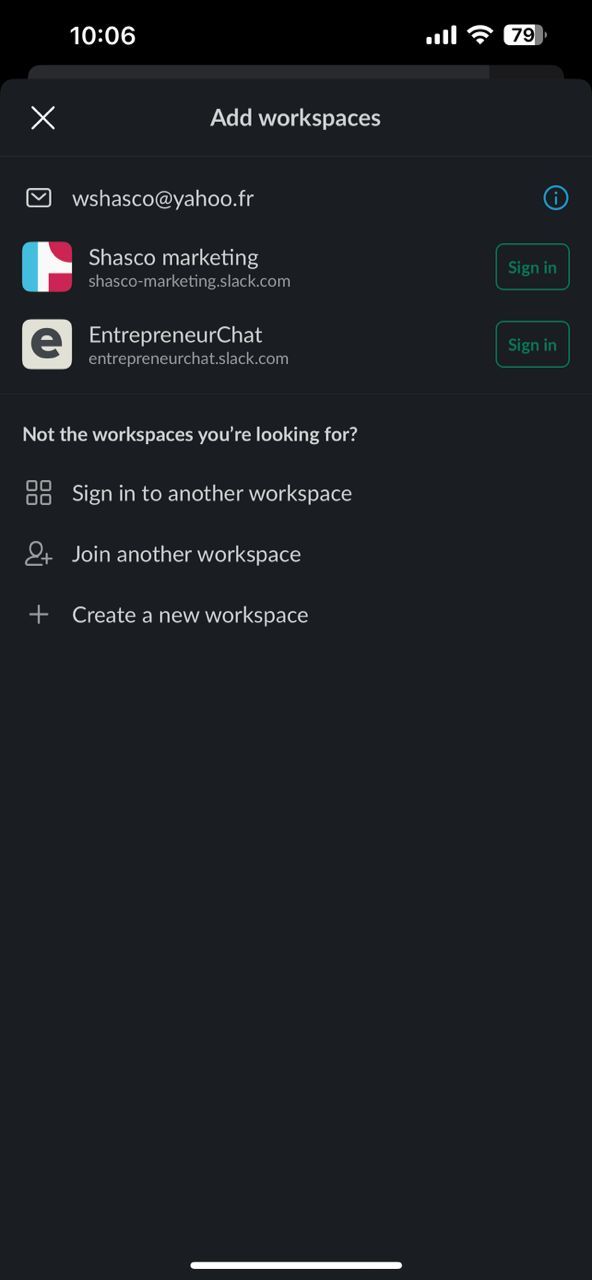 Tangkapan layar Slack menunjukkan cara menambahkan ruang kerja baru